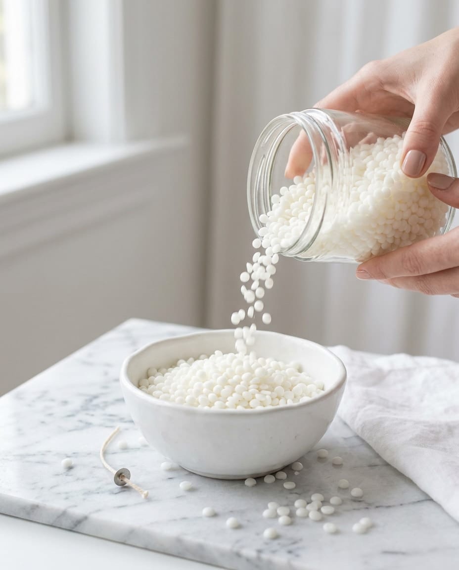 White wax pearls being poured from a bag