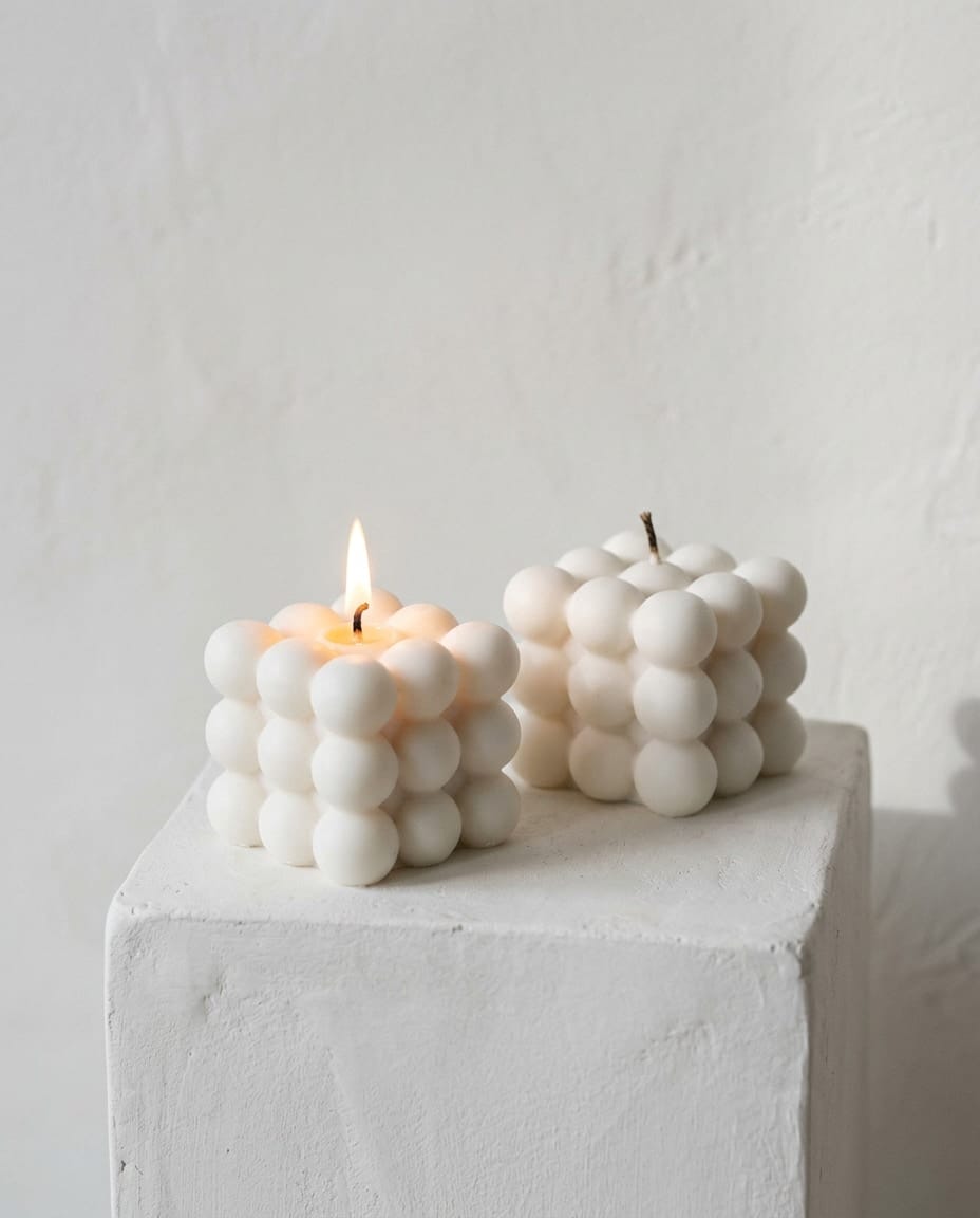 Two white bubble-shaped soy candles on a white plinth
