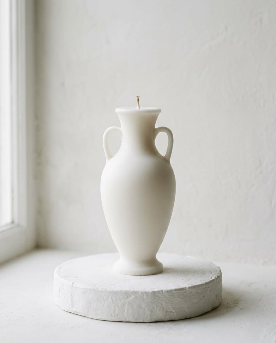 A white amphora-shaped soy candle with two handles