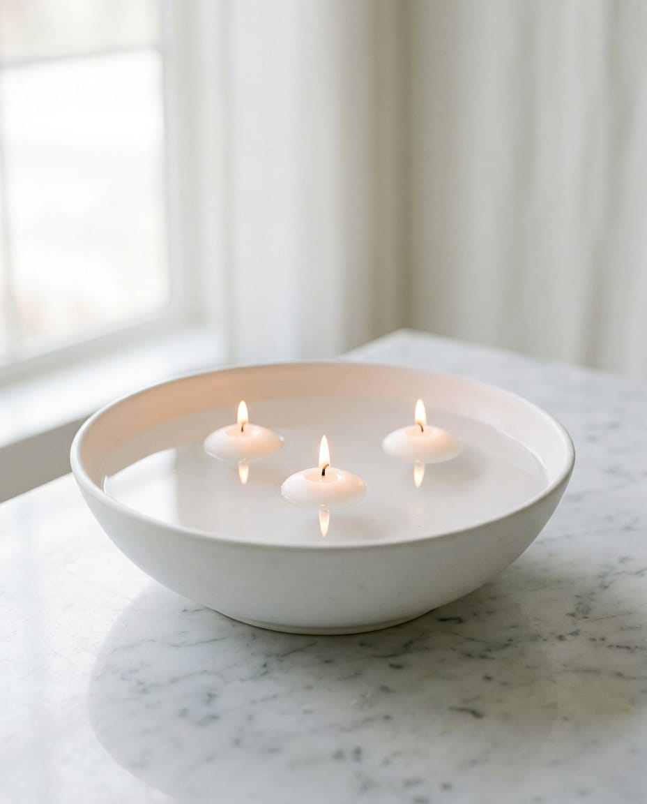 Three white floating candles lit in a wide bowl of water