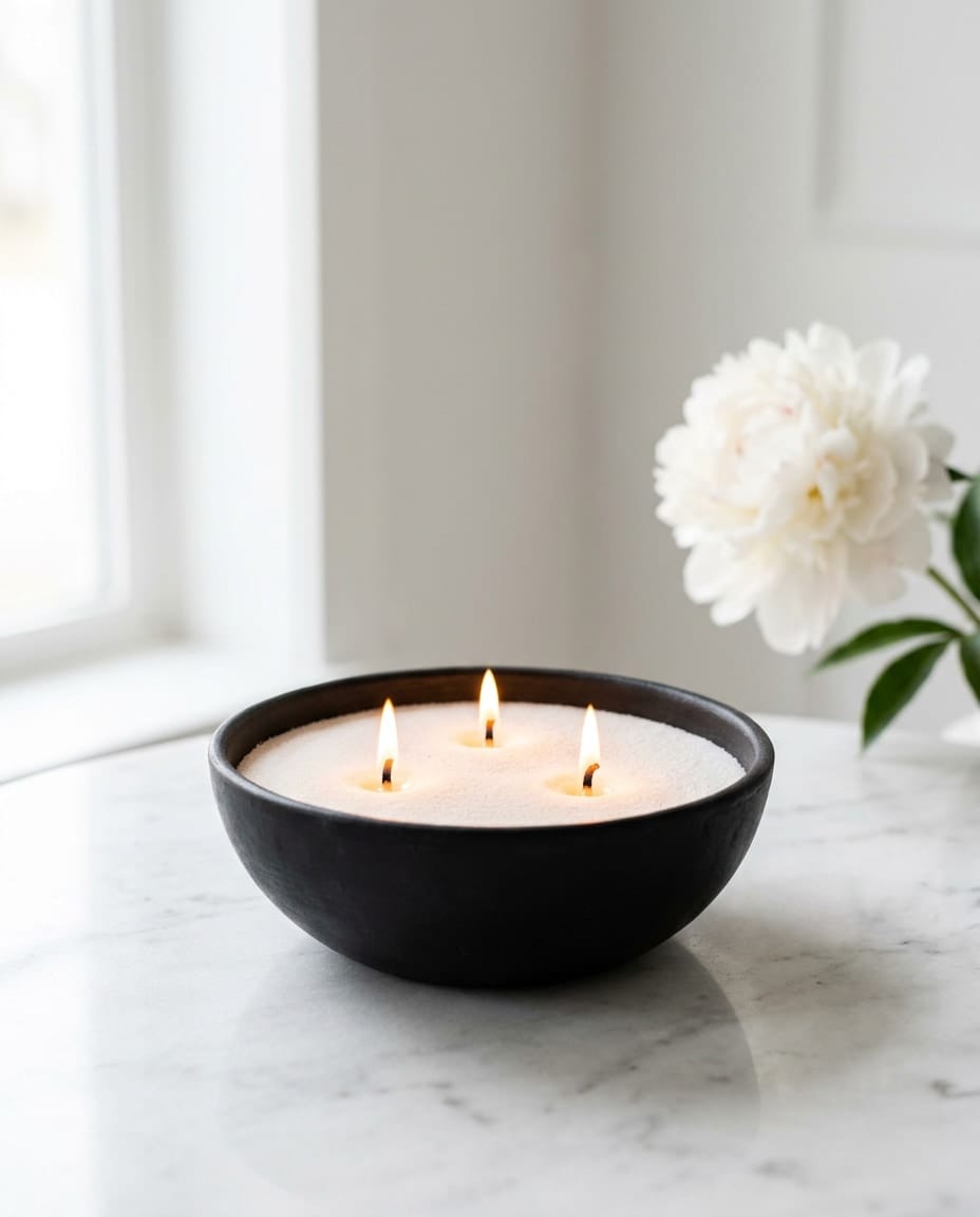 Matte black ceramic bowl of white candle sand with three flames