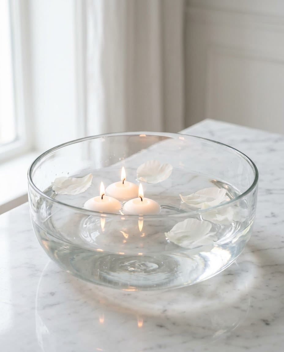 Three floating candles on water with peony petals