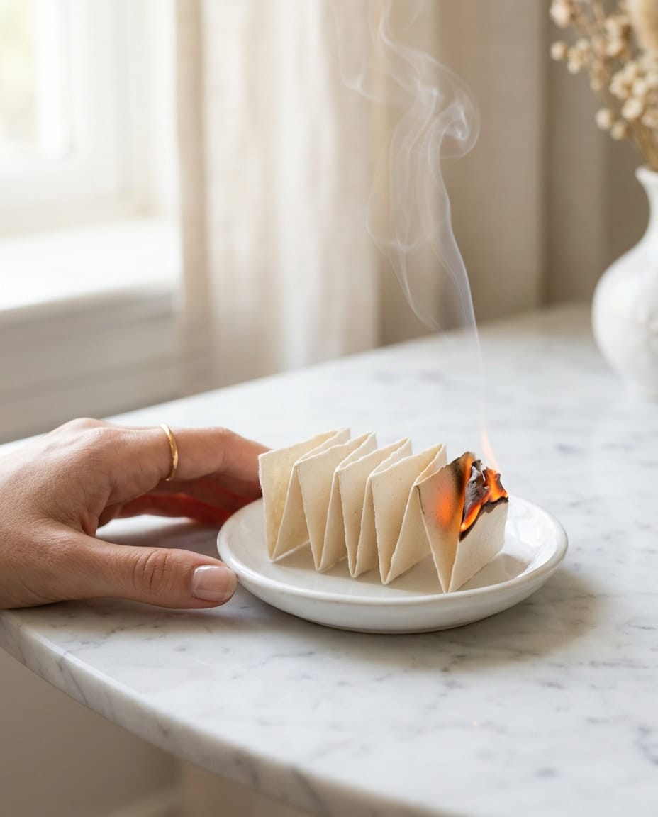 A folded strip of scented paper smouldering on a white dish