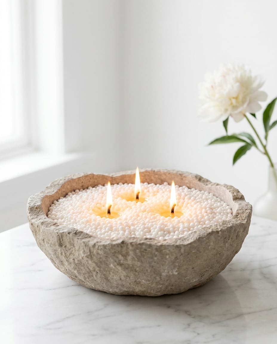 Stone bowl of white wax pearls with three flames