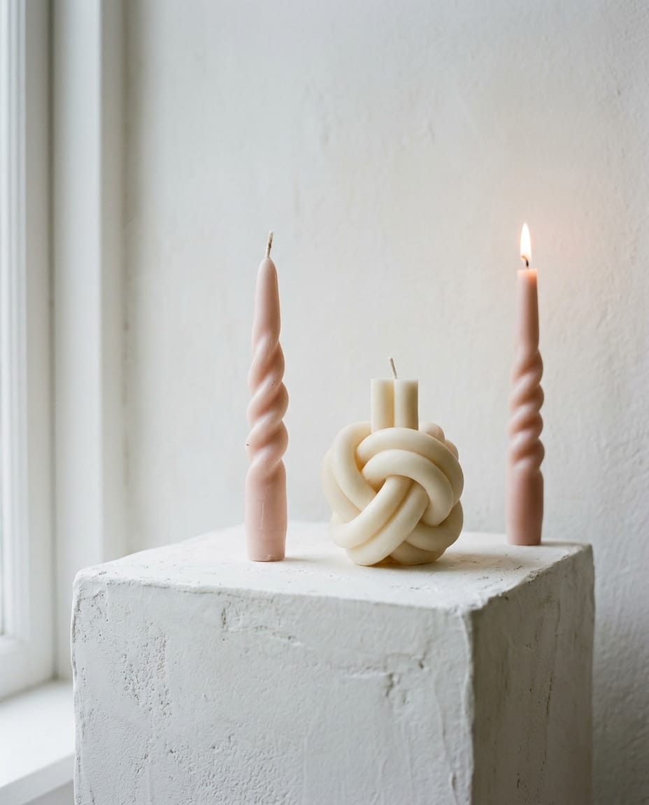 Twisted and knotted sculptural candles on a white plinth