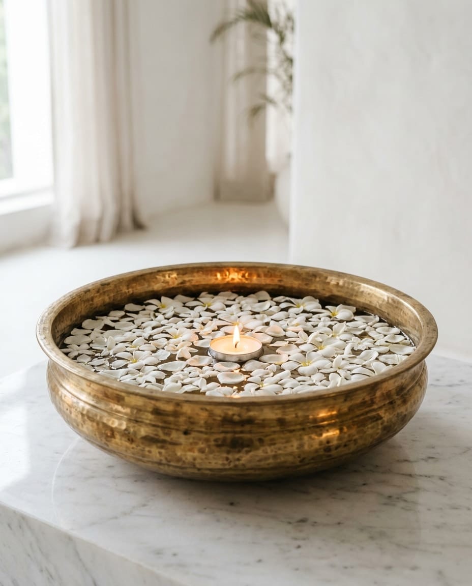 Wide brass urli bowl with water, floating petals and a tealight