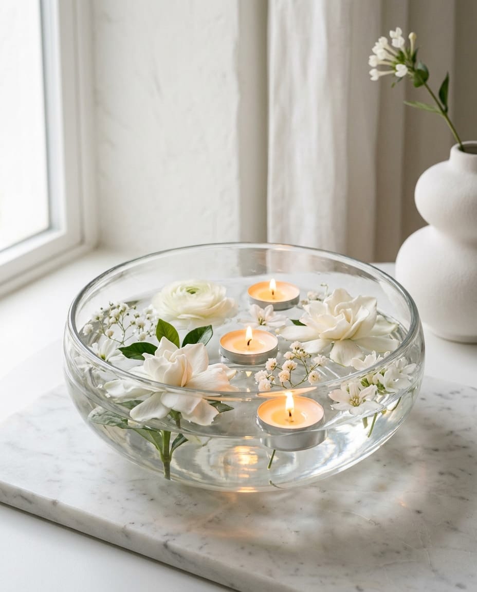 Glass bowl with floating white flowers and three tealights