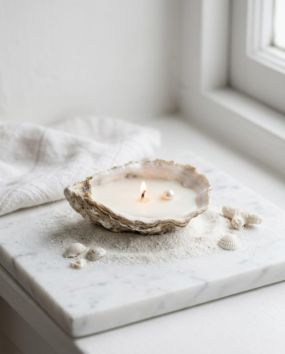 An oyster shell filled with white soy wax and a small pearl, on white sand