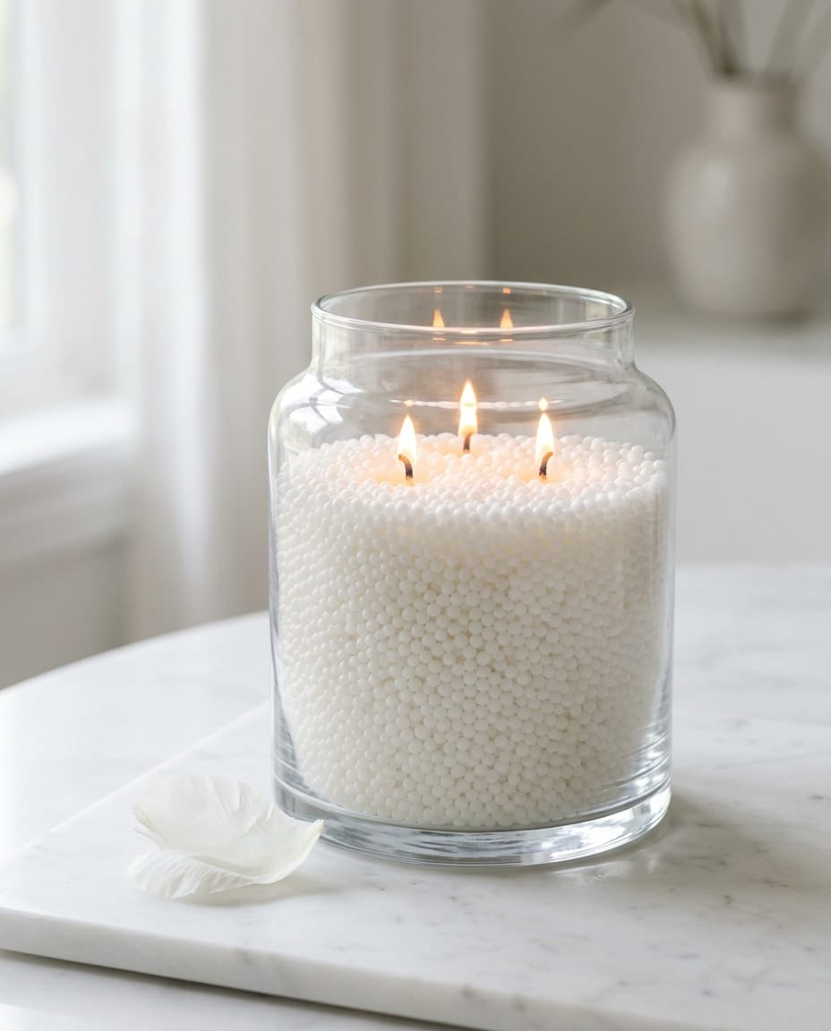 Large clear glass jar of white wax pearls with three wicks burning