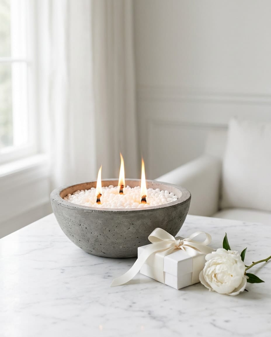 White pearled wax in a grey concrete bowl with three lit wicks