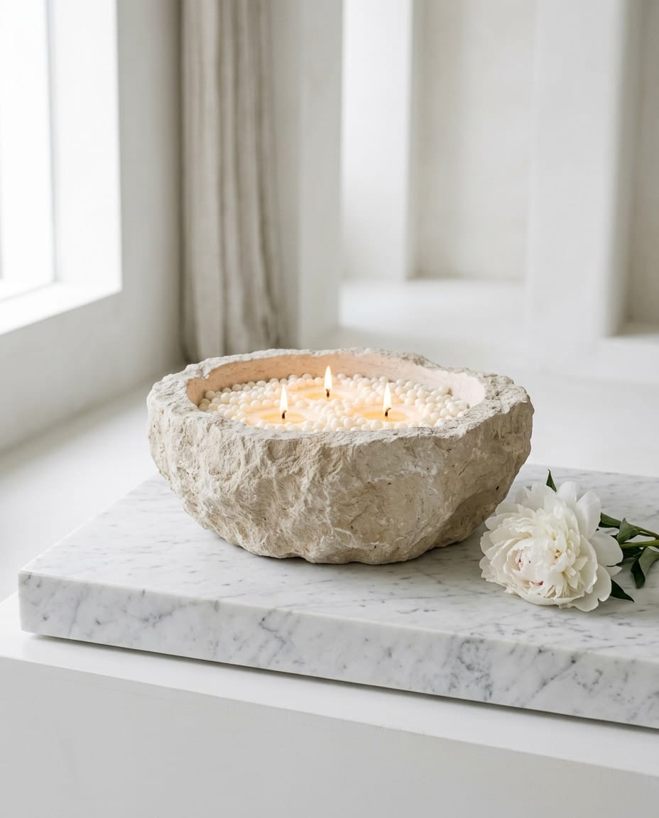 Natural stone bowl filled with white wax pearls and three flames