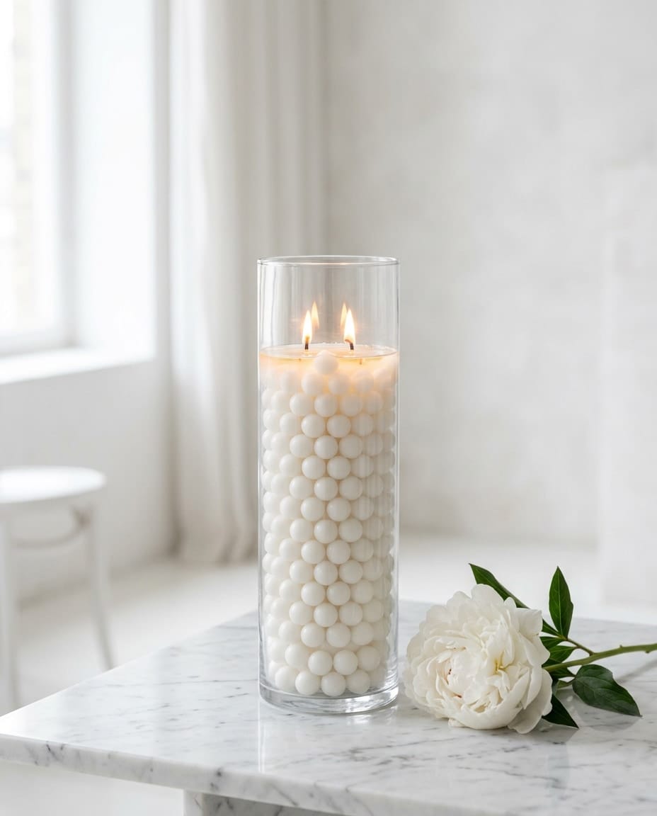 Clear glass vase filled with white wax pearls, two wicks lit