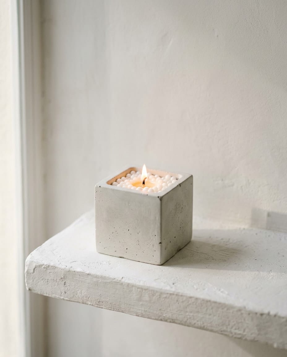 Small concrete cube vessel filled with white wax pearls, one flame