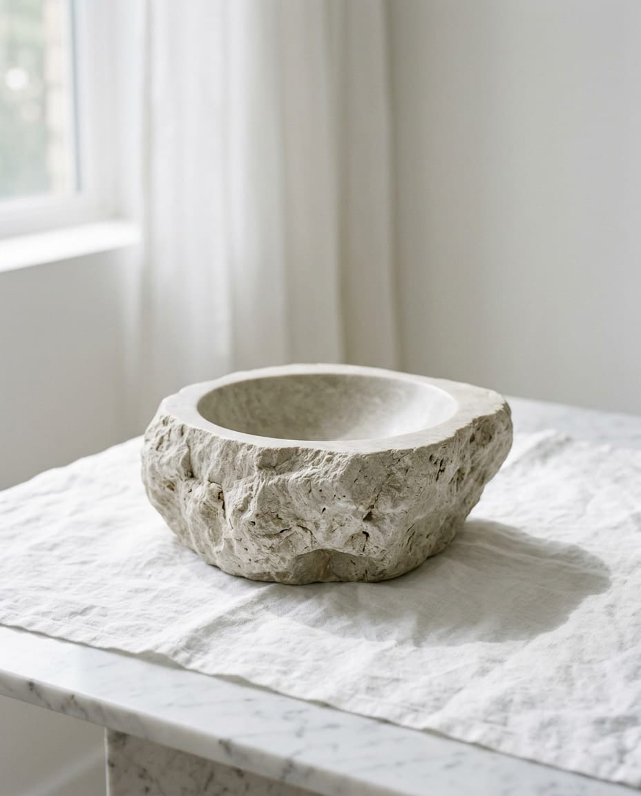 An irregular natural stone bowl on a white linen surface