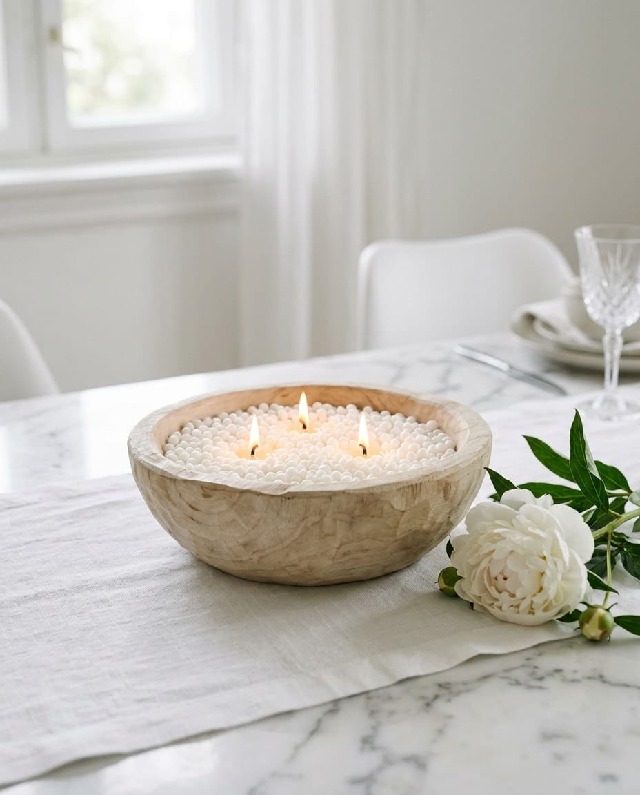 White wax pearls in a carved wooden bowl, three wicks burning