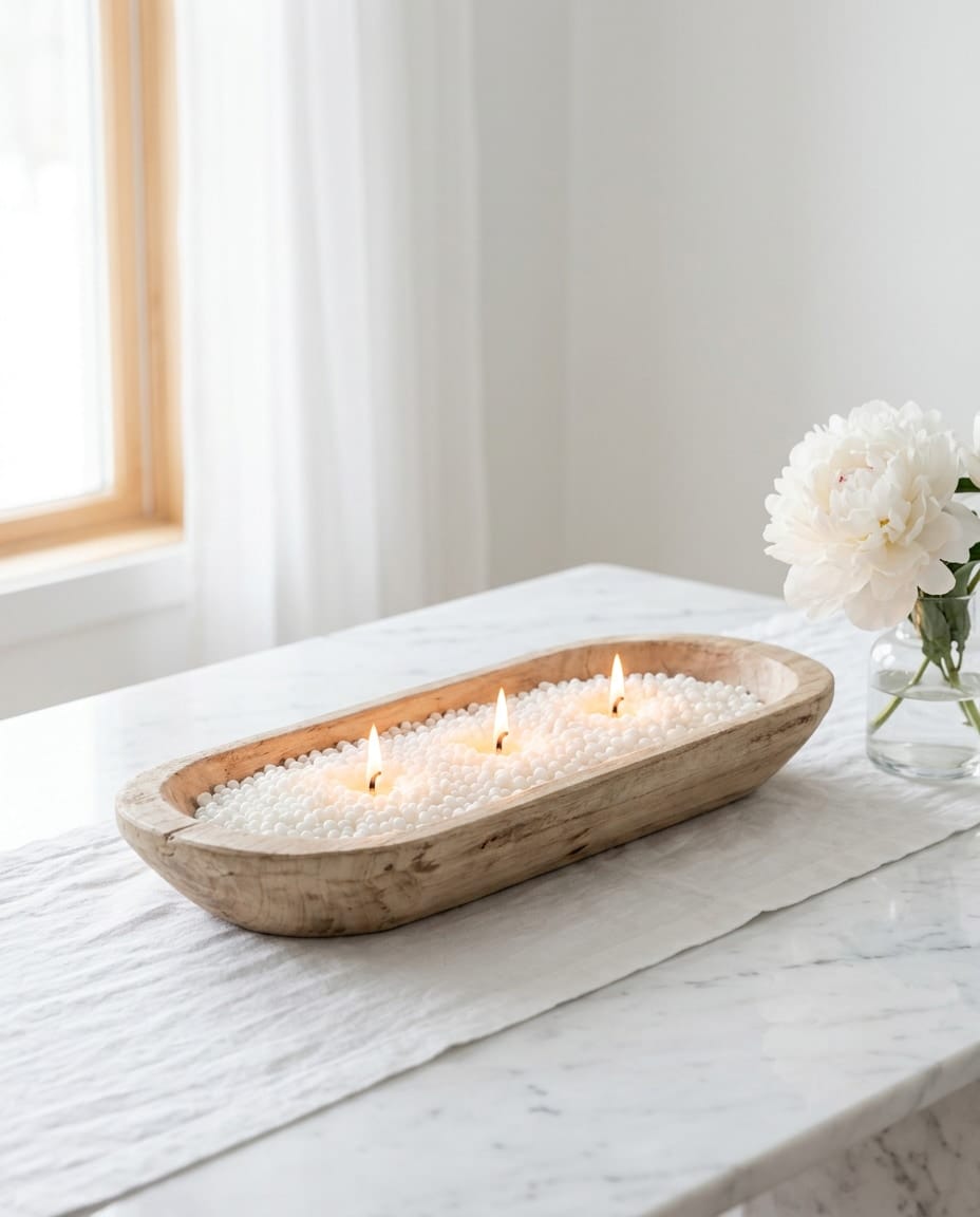 Long wooden dough bowl filled with white wax pearls and a row of three flames