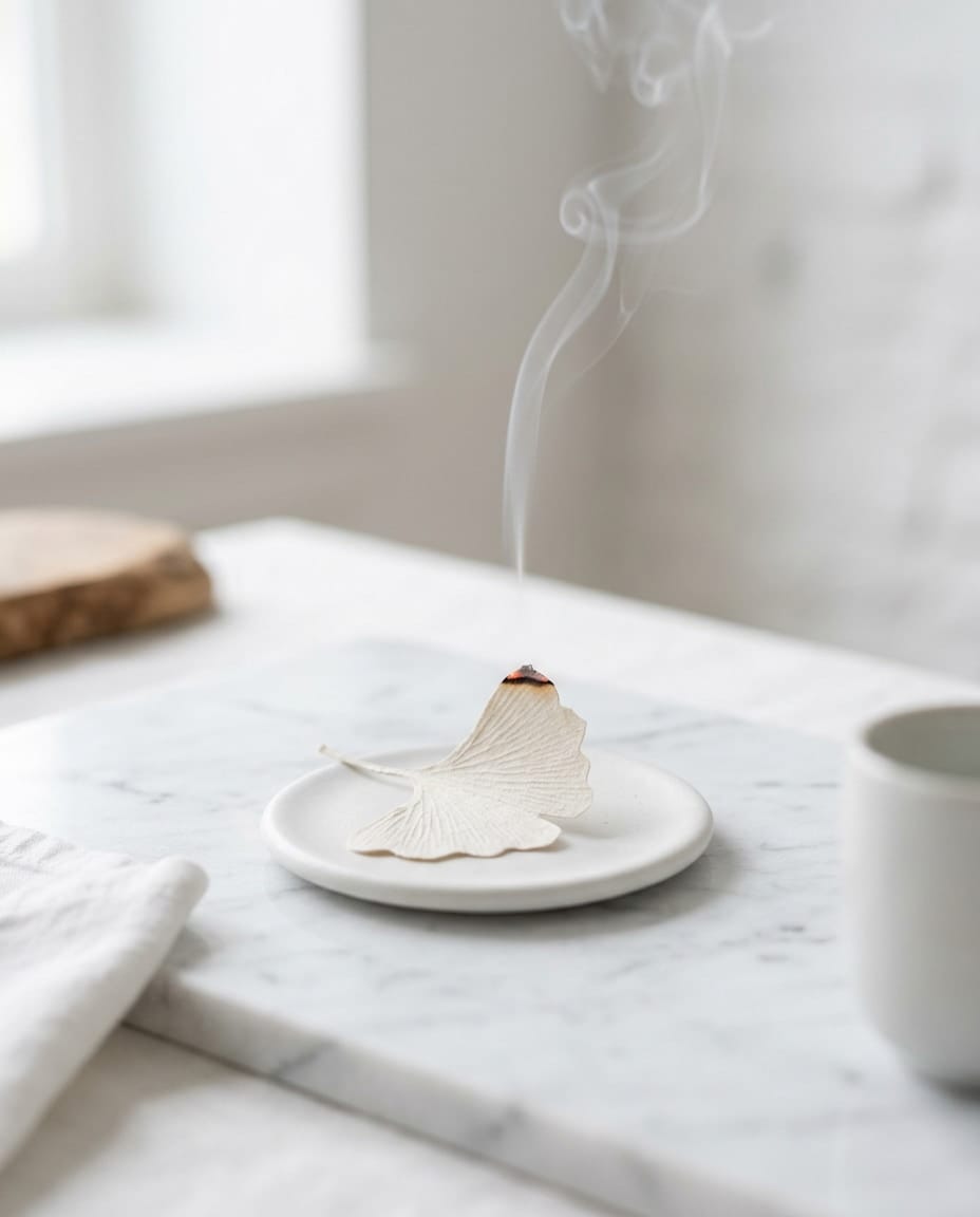 A small ceramic mat with a leaf-shaped paper incense resting on it