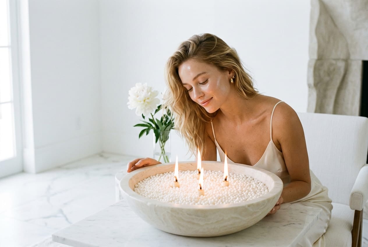 A woman in ivory silk beside a wide stone bowl of white pearled wax lit by three flames