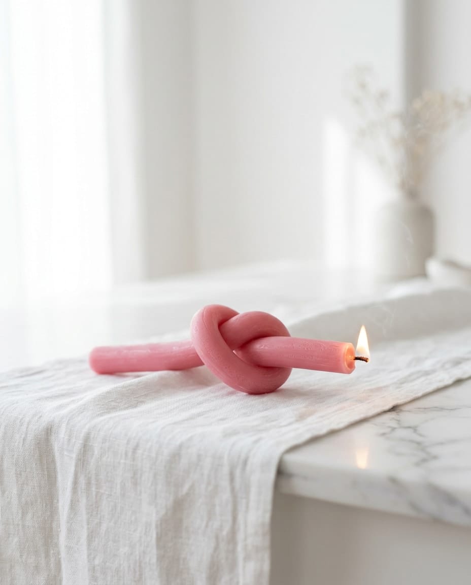 A pink candle tied in a single knot on white linen