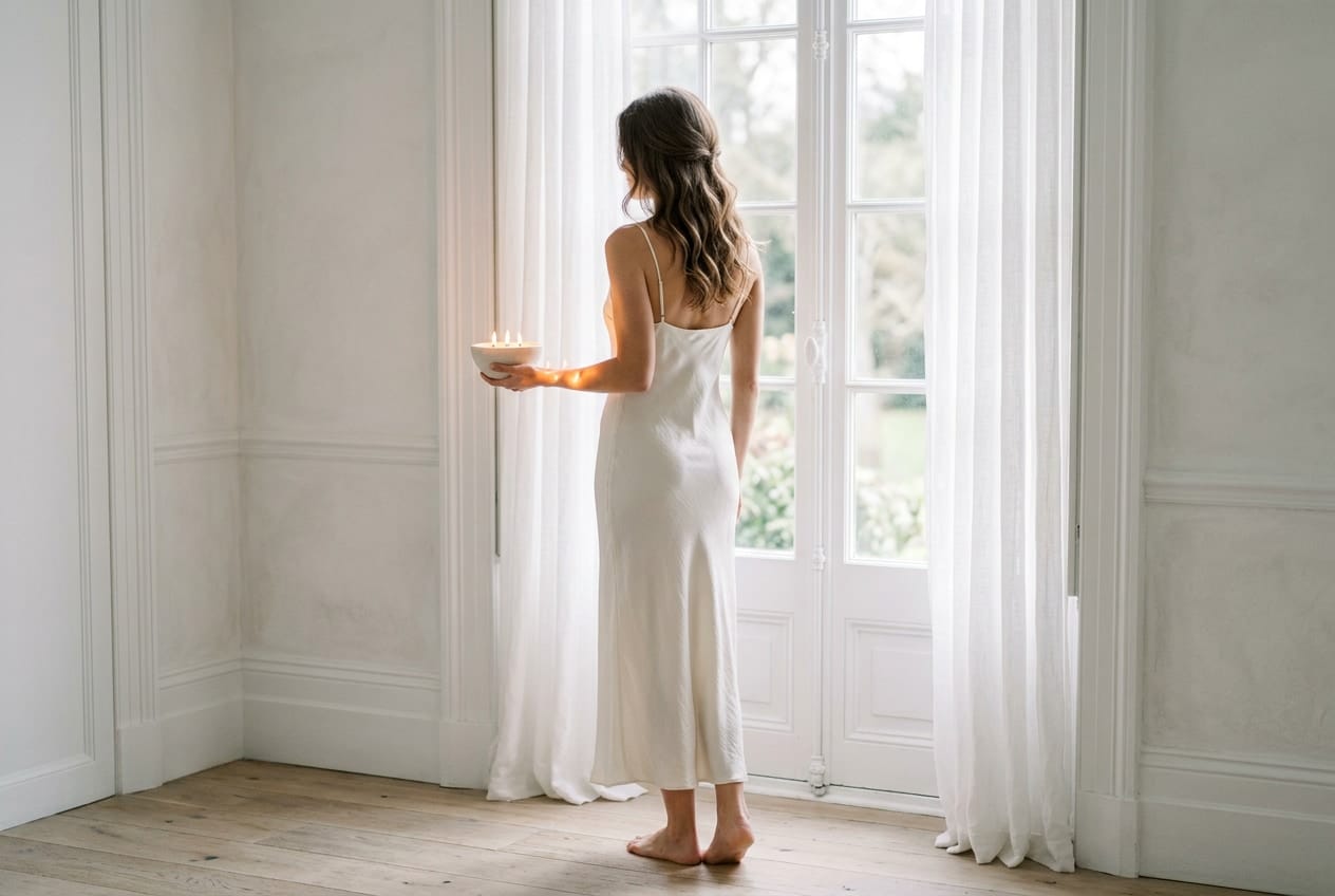 A woman by a white window holding a bowl of pearled wax with three flames