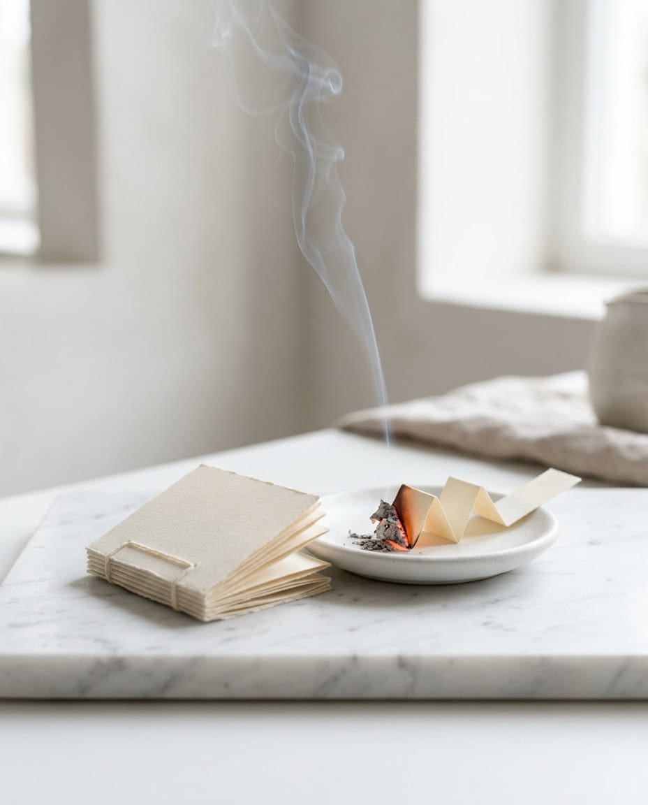 A folded strip of scented paper smouldering on a white ceramic dish