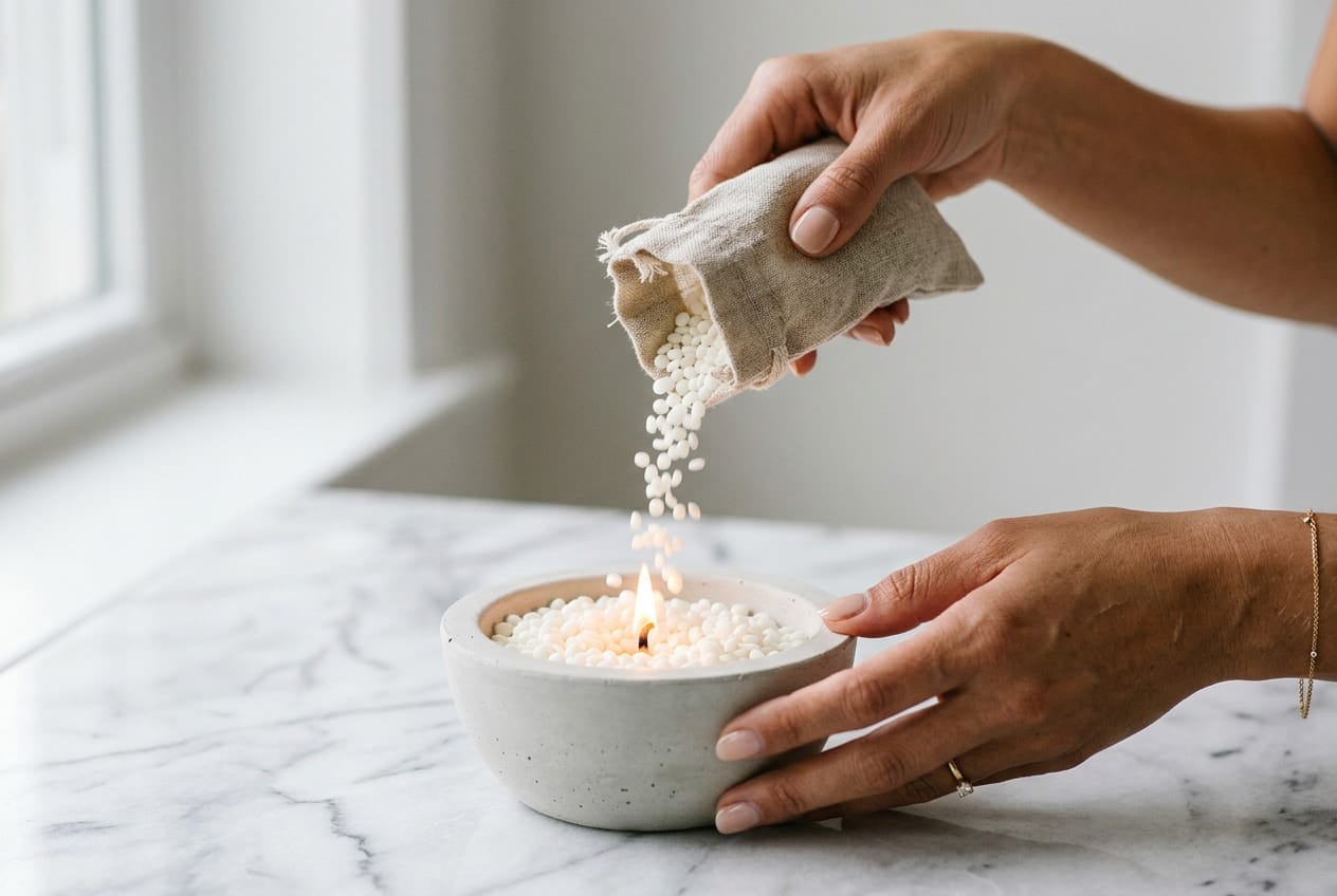 Hands pouring white wax pearls into a concrete bowl