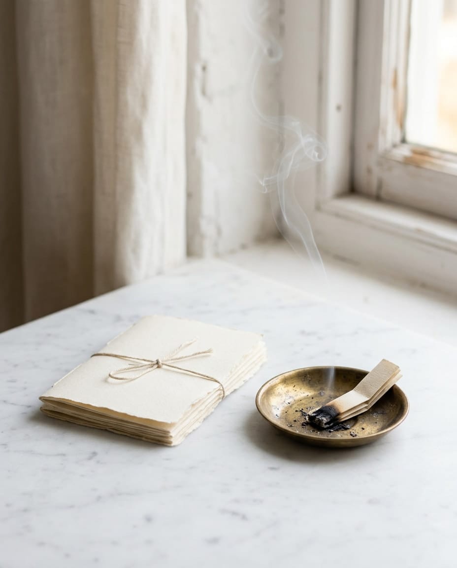 A booklet of scented paper sheets beside a small brass dish