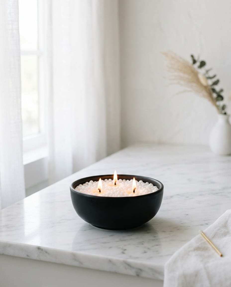 Black ceramic bowl with white wax pearls and three small flames