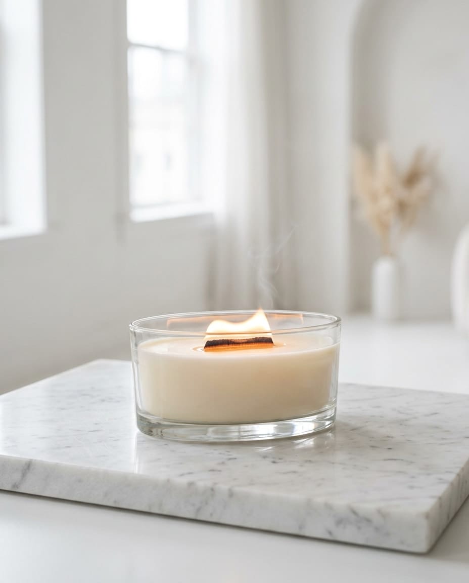 An elliptical glass candle with a wide wooden wick, lit